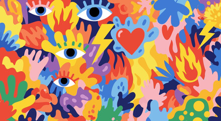 Fototapeta premium Vibrant abstract pattern perfect for bold designs and eye catching modern backgrounds with hearts and eyes