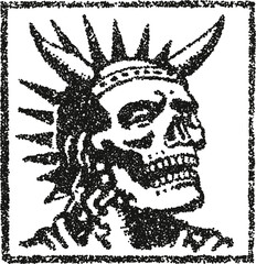 Radiant punk skeleton with spiky halo, stipple vector illustration for underground music poster, edgy tattoo and alternative apparel design 