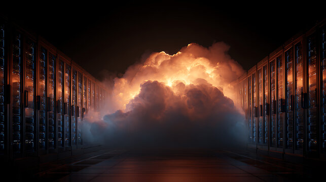 Server room with glowing orange clouds and blue lights server racks data center - Powered by Adobe