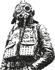 Vintage aviator in gas mask and flight jacket, stipple vector illustration for dystopian poster, war themed apparel and graphic novel cover