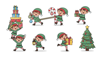 Christmas Elves' Gifts: A collection of charming elves, brimming with holiday cheer, busily carrying and adorning gifts and a Christmas tree, preparing for a festive holiday celebration.