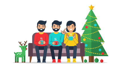 Festive Moments: Three individuals sharing warmth and camaraderie, sipping from mugs near a vibrant Christmas tree, creating a heartwarming scene of festive joy.