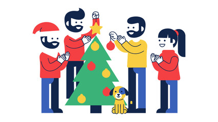Family Christmas Tree Decoration: A family, filled with festive cheer, gathers to decorate the Christmas tree, capturing a moment of seasonal joy and togetherness.