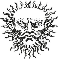 Mystic sun god face with flowing flame hair, stipple vector illustration for occult tattoo, tarot card, logo and esoteric poster design 
