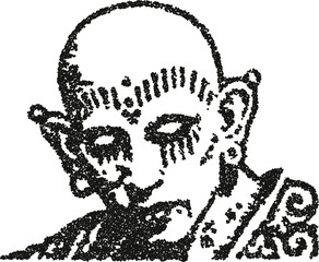 Bald tattooed man head vector illustration with pierced ears in gritty stipple dotwork style