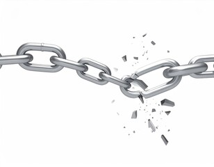 Broken metal chain link, pieces falling, on white