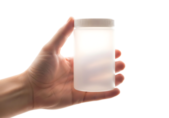 Hand holding a translucent plastic container with a white screw cap isolated on transparent background