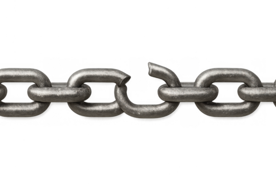 Metal chain link breaking, illustrating concepts of freedom, stress, vulnerability, and release. Transparent background