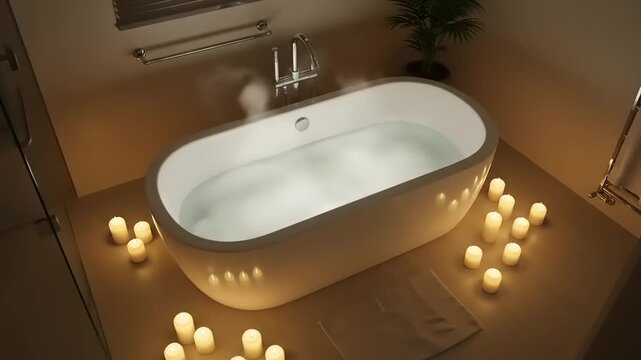 Serene bathroom setting featuring a modern bathtub surrounded by candles, creating a relaxing atmosphere - Powered by Adobe