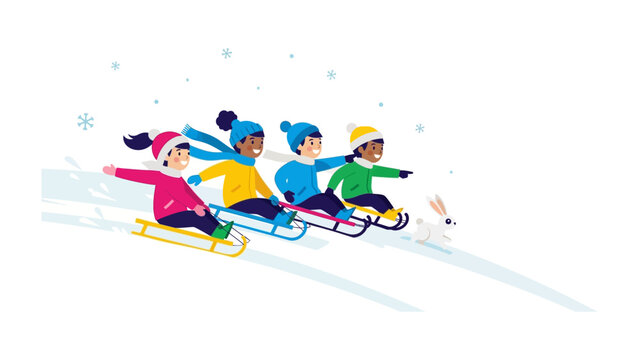 Joyful Snow Day: Children revel in winter's embrace, speeding down a snowy slope on sleds, a scene filled with laughter and the thrill of the season.