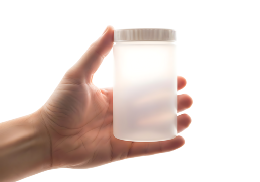 Hand holding a translucent plastic container with a white screw cap isolated on transparent background - Powered by Adobe