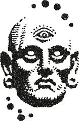 Three eyed mystic face vector illustration with third eye and beard in spiritual stipple dotwork style
