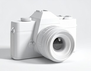 Simple, white camera with a lens, against white backdrop