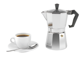 Moka pot coffee maker and small white cup with espresso isolated on transparent background