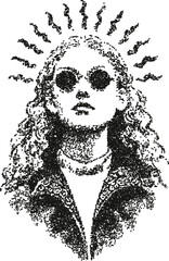 Woman portrait with long curly hair and sunglasses in cool vintage stipple dotwork style
