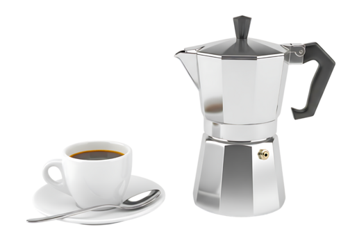 Moka pot coffee maker and small white cup with espresso isolated on transparent background