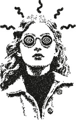 Portrait of a woman with curly hair and glasses in stipple dotwork style
