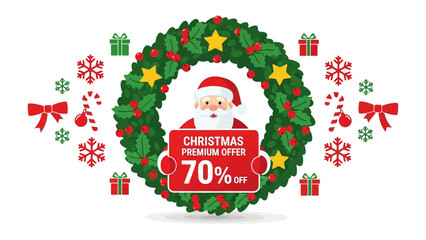 Festive Holiday Deals: Santa Claus holds a sign, advertising a premium Christmas offer of 70% off within a vibrant wreath, surrounded by holiday ornaments. 
