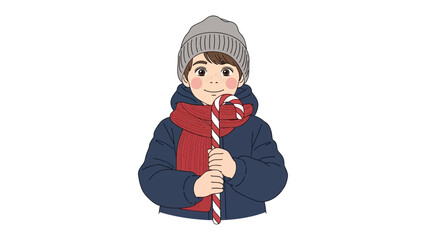 Winter Wonderland Treat: A cheerful boy, bundled up in warm winter wear, holds a festive candy cane, embodying the joyous spirit of the season.