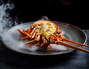Exquisite lobster thermidor served on grey plate with smoke showcasing classic French seafood dish prepared with culinary finesse presented with artistic flair