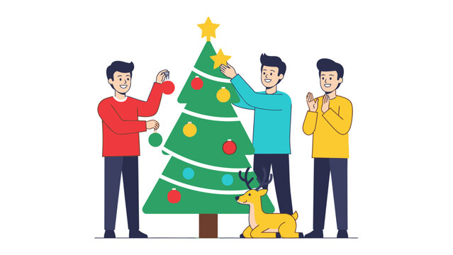 Festive Christmas Decoration: A trio of enthusiastic individuals collaborate to adorn a vibrant, green Christmas tree, their collective effort bringing the magic of the holiday season to life.