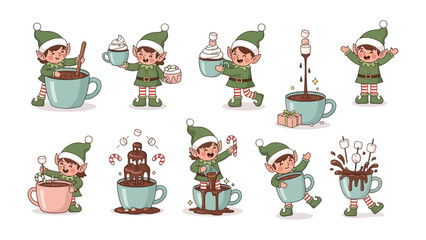 Whimsical Elf's Hot Chocolate Adventure: A collection of charming elves joyfully engaging in the creation of hot chocolate. Their actions showcase the simple pleasures of the season.