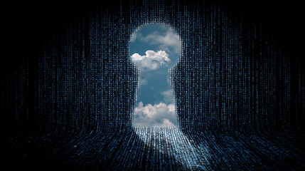 Through the keyhole a digital world reveals a bright sky data binary