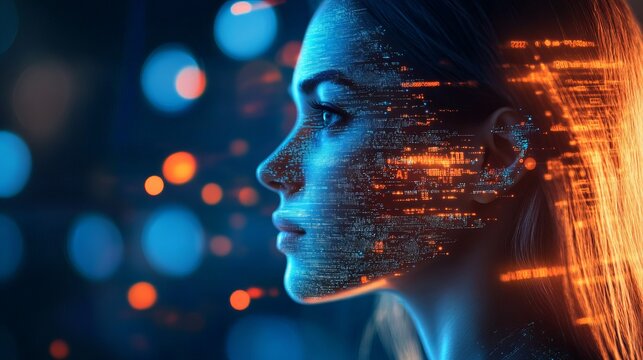 Futuristic woman embodying digital transformation with neural network connections and AI technology, creating a cutting edge modern technology concept
