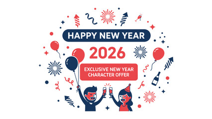 New Year's Celebration in 2026: A vibrant and celebratory design for the new year 2026, filled with festive elements like fireworks, balloons, and joyful characters, celebrating new beginnings.