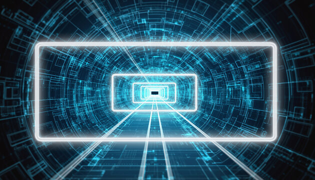 Digital Corridor: An abstract, neon-lit tunnel, reminiscent of a futuristic digital pathway. The perspective creates a sense of depth and journey through a technological realm.