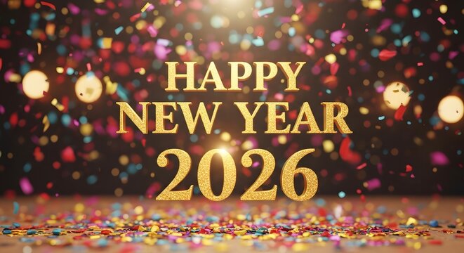 Celebrate the arrival of 2026 with a shower of confetti and shimmering lights, marking a joyous and hopeful New Year