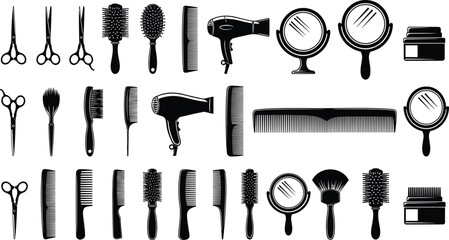 Hairdressing tools silhouette, salon equipment, grooming icons, scissors, combs, brushes, hairdryer, mirror, shaving brush, beauty accessories, black design