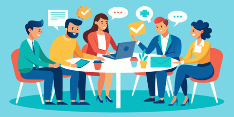 Obraz premium Meeting with five professionals discussing strategies at round table, flat vector corporate teamwork concept illustration