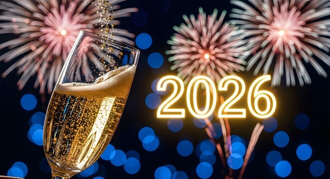 A vibrant fireworks display illuminates the night sky as sparkling champagne is poured into a glass, commemorating the joyous arrival of the year 2026 and symbolizing new beginnings