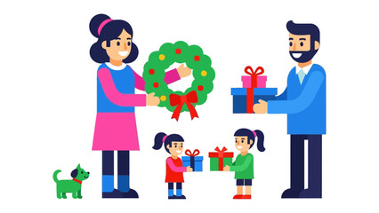 Holiday Cheer: Family exchange gifts, a symbol of togetherness and the warmth of holiday season, each detail narrates stories of happiness.
