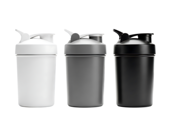 Three shaker bottles in white, gray, and black isolated on transparent background