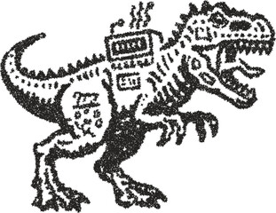 Mechanical T-Rex dinosaur vector illustration with robot parts in vintage stipple dotwork style
