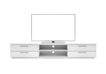 Modern white television stand with flat screen monitor isolated on transparent background