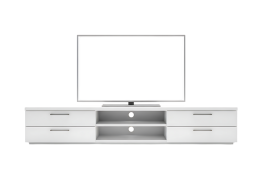 Modern white television stand with flat screen monitor isolated on transparent background