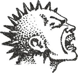Screaming punk head profile with mohawk and studded collar in gritty stipple dotwork style
