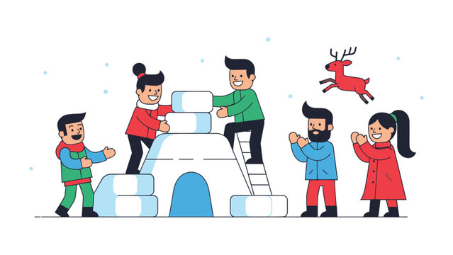 Winter Wonderland Creation: A group of friends enthusiastically builds an igloo in a snowy landscape, embodying the spirit of winter fun and camaraderie with a touch of whimsy.