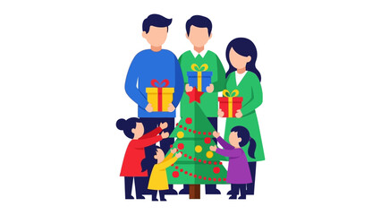 Festive Family Gathering: A joyful family gathers around a Christmas tree, the spirit of the season alive with festive cheer and heartwarming togetherness.