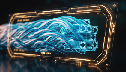 Network Cables in Futuristic Display: A detailed and abstract view of high-speed network cables inside a futuristic digital display.