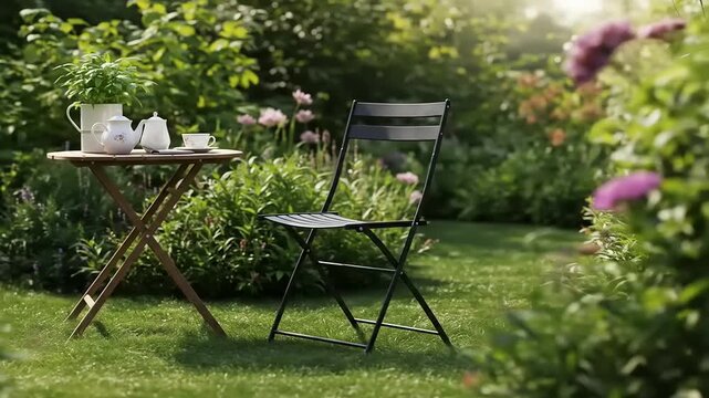 Serene garden scene featuring a black folding chair beside a wooden table with tea set, surrounded by blooming flowers