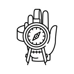 Line art icon of a hand holding a navigational compass isolated on for travel concept