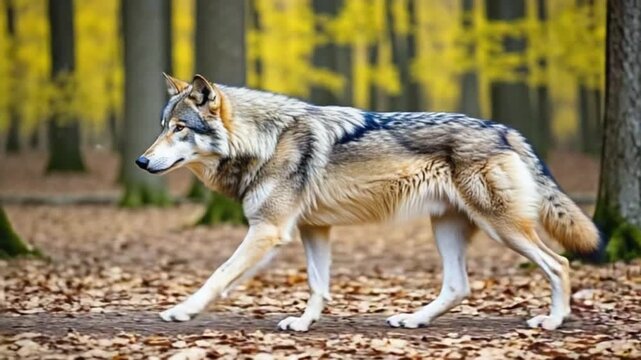 A wolf strides through the fallen leaves in a forest with trees in the background on an autumn day wolf video