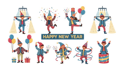 New Year's Celebration: A whimsical illustration capturing the festive spirit, featuring joyful figures celebrating with balloons, gifts, and streamers under the glow of celebratory lights.
