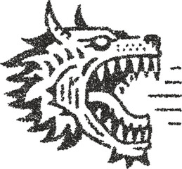 Screaming wolf head profile vector illustration with open jaws in gritty stipple dotwork style

