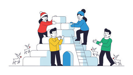 Building Winter Wonderland: A spirited group of individuals collaborates joyfully, constructing a whimsical ice structure in a snowy wonderland.