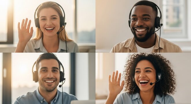 Cheerful diverse colleagues greeting on a video call, fostering connection and collaboration in modern workplace environments, showcasing teamwork and innovation